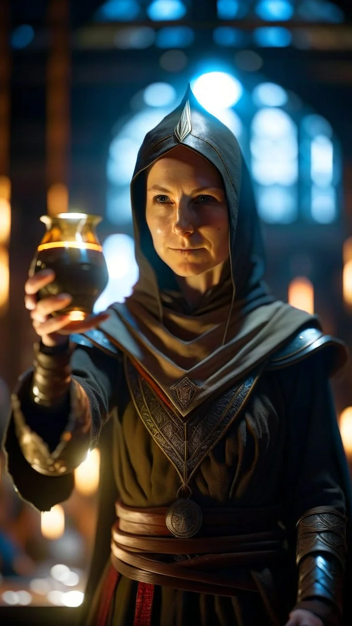 portrait of female pale elongated ninja priest with bright aura carrying goblet signaling you to obey your master, inside hall in mountain, shot on Hasselblad h6d-400c, zeiss prime lens, bokeh like f/0.8, tilt-shift lens 8k, high detail, smooth render, down-light, unreal engine, prize winning