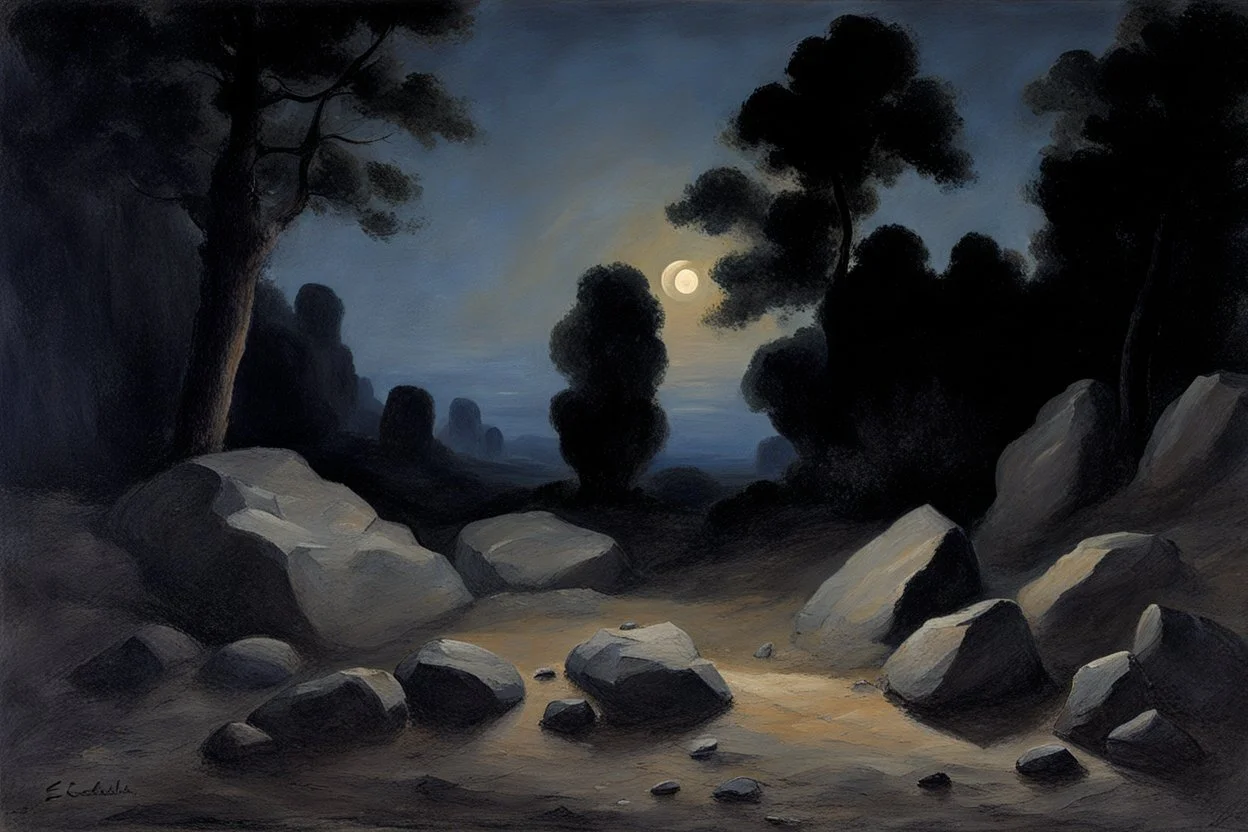 Night, rocks, trees, begginer's landscape, friedrich eckenfelder impressionism paintings