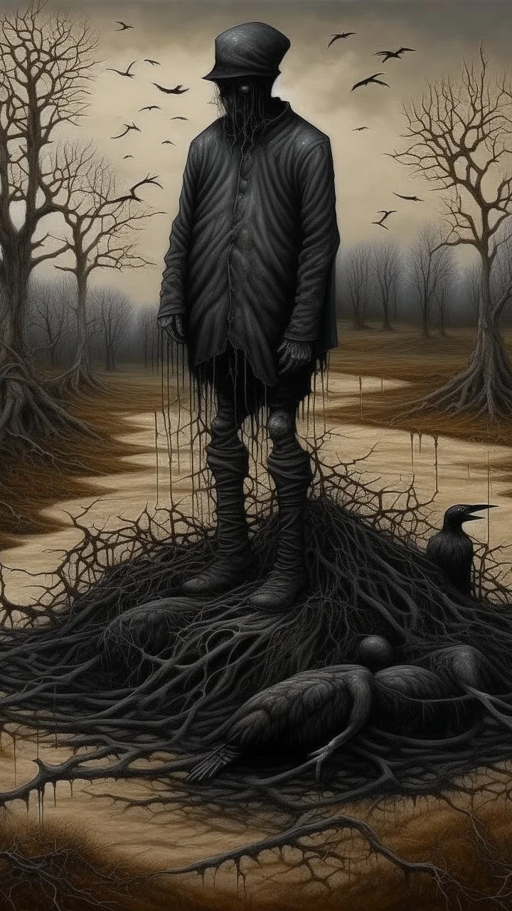 black vein, human veins, mixing together a lot of them, like a forest, big and small veins a lot of them, a crow standing on scarecrows