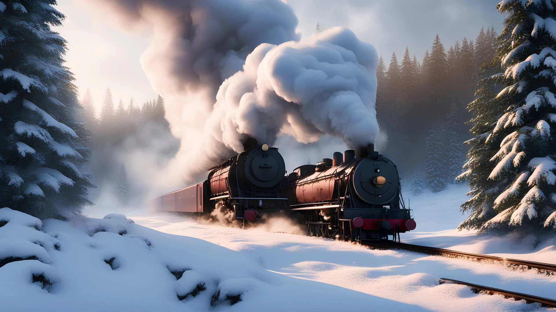 steam train snow in a snowy fir forest,lakeside,8k, volumetric lighting, Dramatic scene,