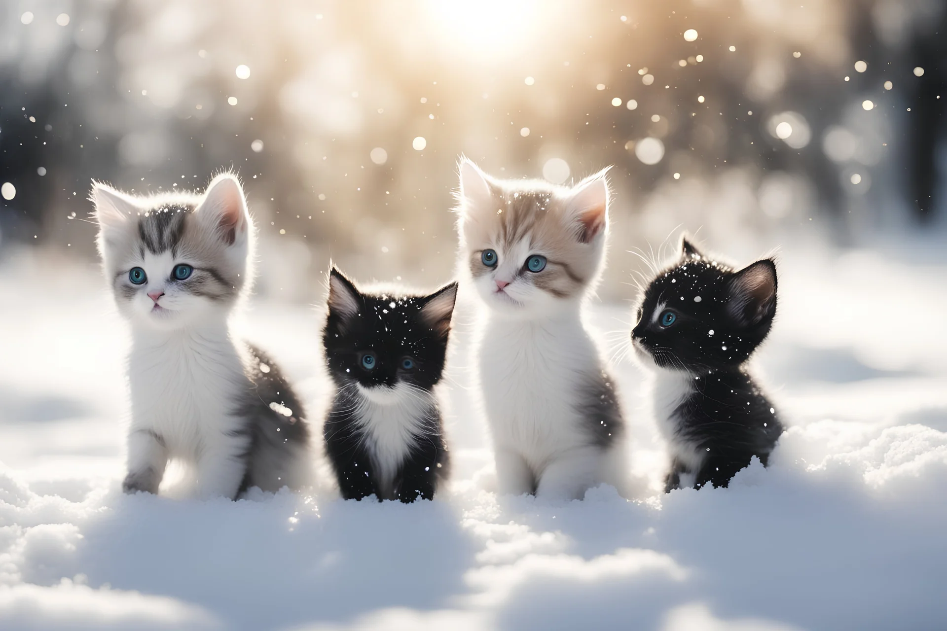 black and white chibi kittens playing in the snow in the sunshine, watercolor and black ink outlines, sparkling golden glitter, ethereal, cinematic postprocessing, bokeh, dof