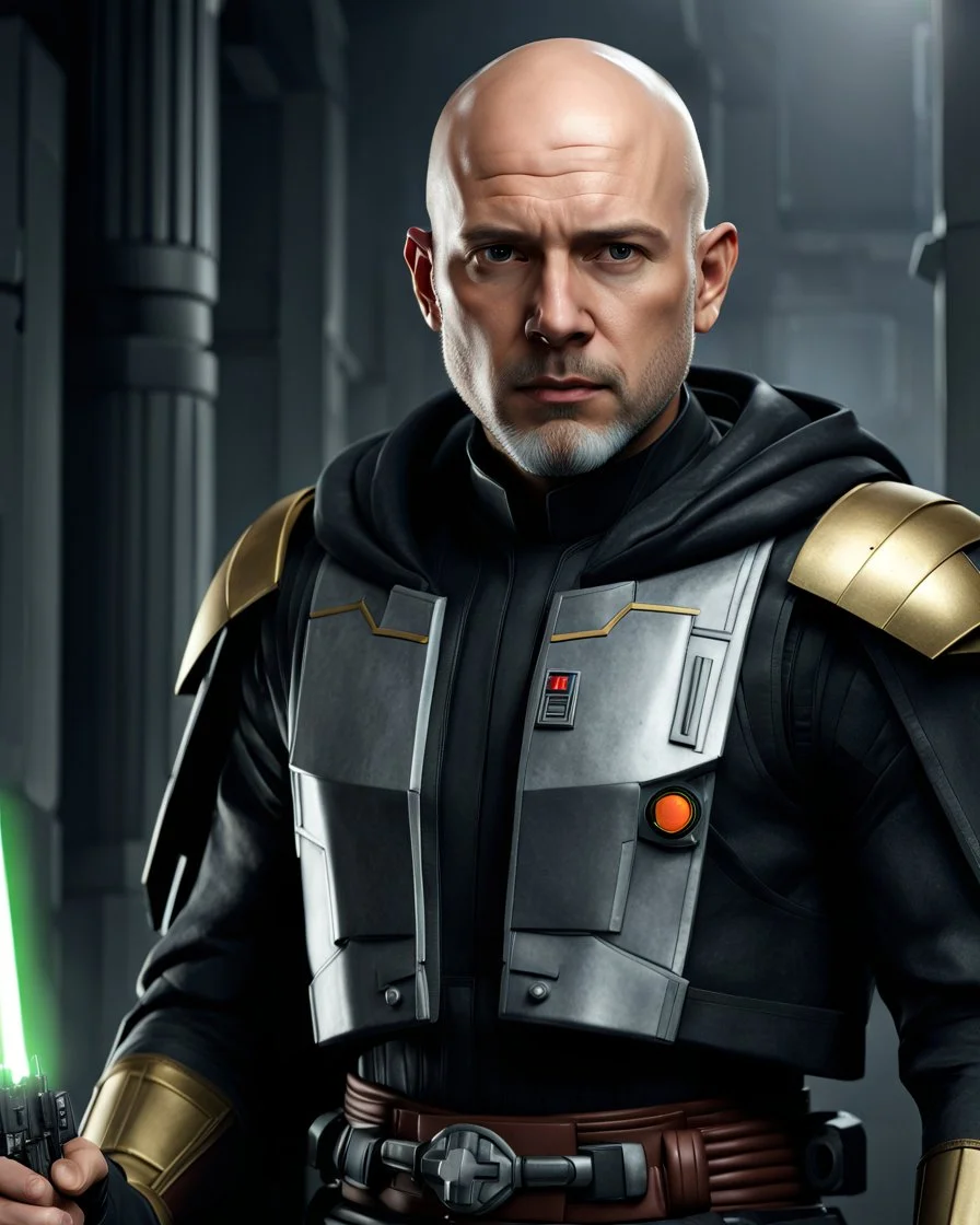 star wars bald male corellian pilot wearing dark gunmetal grey and black First Order special forces TIE pilot armored flightsuit and helmet with gold trim inside the jedi temple, centered head and shoulders portrait, hyperdetailed, dynamic lighting, hyperdetailed background, 8k resolution, volumetric lighting, light skin, fully symmetric details