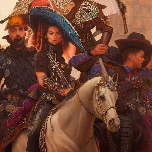 portrait,"Insanely detailed photograph of an armored gang of mariachi warriors", intricate chainmail charo, large colorful Sombrero,elegant cape, highly detailed D20, digital painting, artstation, concept art, smooth, sharp focus, illustration, art by artgerm and greg rutkowski and alphonse mucha, 8 k