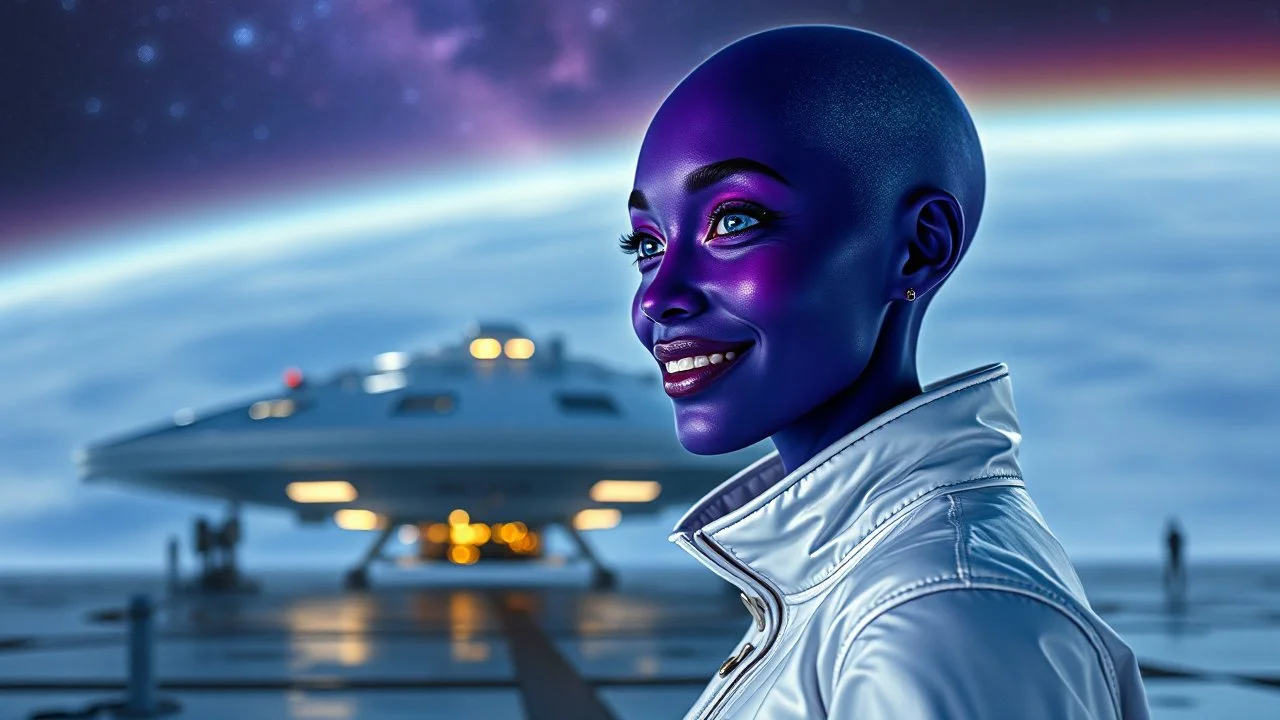 "Artistic photography (((FULL BODY from HEAD to FEET +profile))), enormous almond shape lighted crystal clear eyes, she is dressed in a white shiny jumpsuit she is a gorgeous smiling extra terrestrial woman with indigo purple blue skin with a high elongated skull like a magnum bottle, 40 y/o asian, she wears white snow boots, and she is outside on the flying saucers large landing deck of the space station in cosmos.