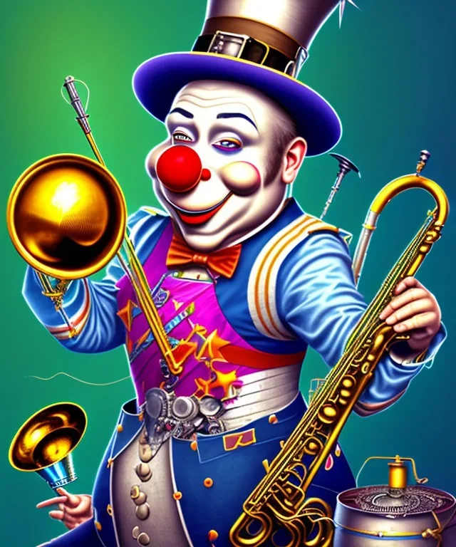 mechanoid happy old friendly fat clown with trimmed beard playing jazz with a steampunk theme, trumpet, realistic