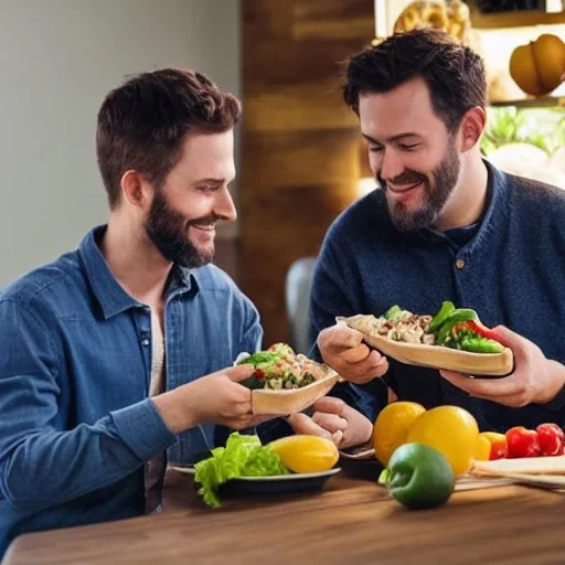 Two man sitting at the dining table eating an extremely healthy meal of fresh Whole Foods