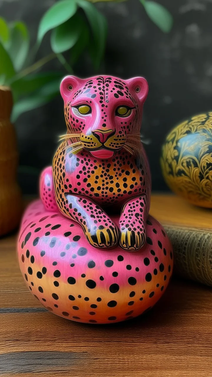 A pink magic elemental leopard designed in Matryoshka dolls painted by Caspar David Friedrich