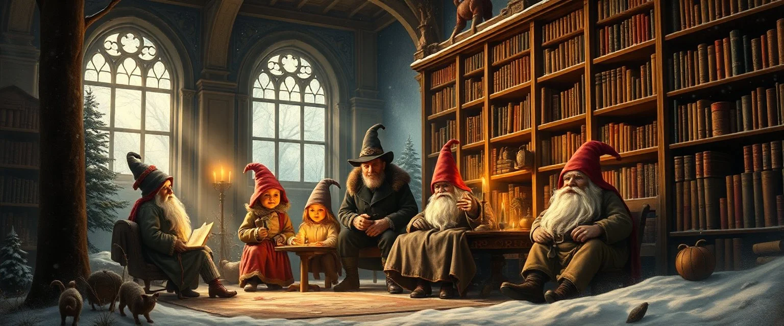 Dynsty family in winter glow, master oil painting by Rembrandt, magia spy gnomes soap opera poster, huge multi level archeive, library, woodland creatures, motion blur, background mist, light beam from windows