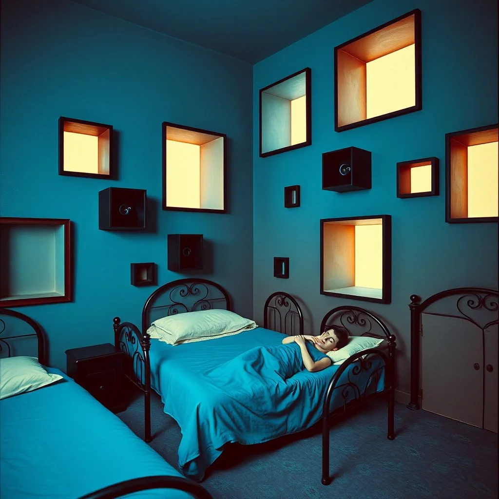 Fotografia di camera da letto blu gioioso weirdcore dai colori vivaci. Max Ernst. I letti sono dipinti di nero chiaro con g stilizzate e dettagli. Ci sono finestrelle quadrate, che danno un senso distopico e molto surreale, disposte in modo casuale. L'atmosfera generale sembra noiosa e onirica, con un contrasto tra elementi reali ed elementi dipinti. Persona finta dorme
