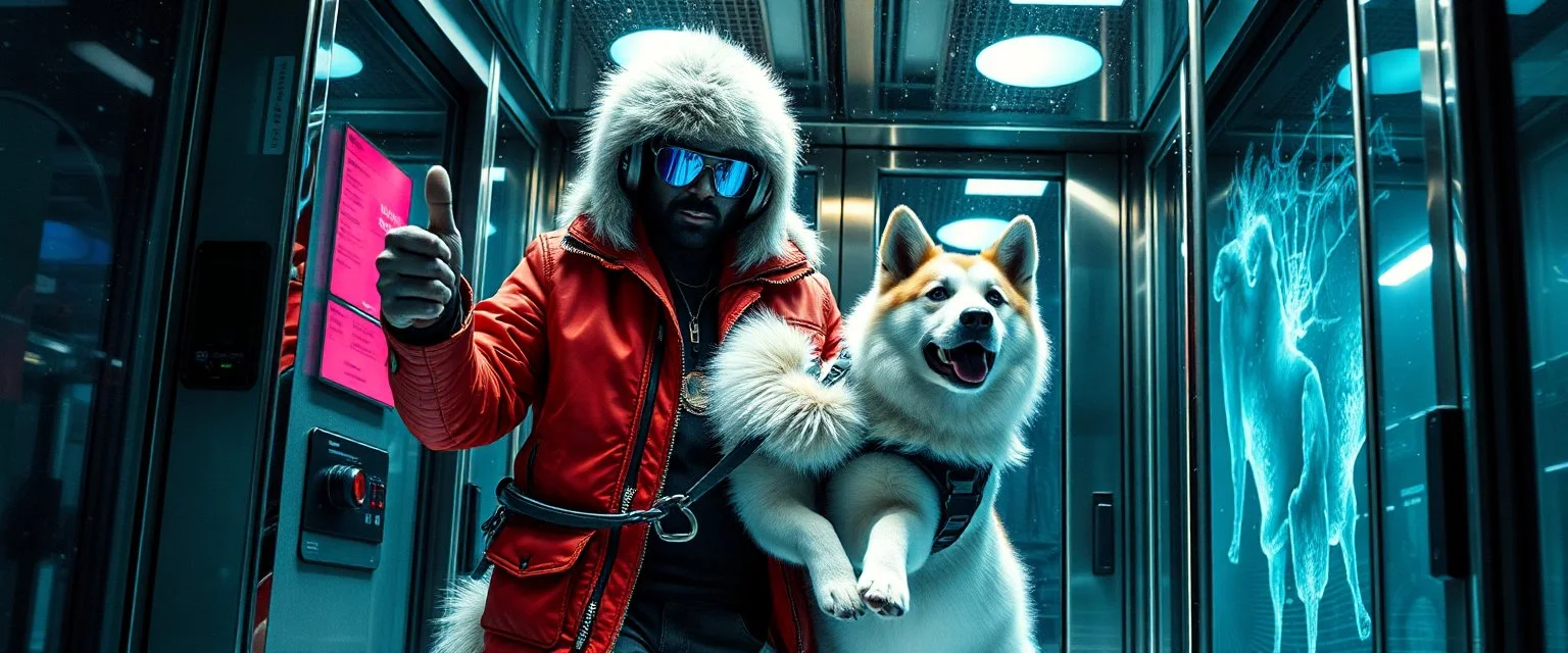 frankie picks up and carries rasta bad ass criminal frost cyberpunk bard into hi tech glass elevator, he give a thumbs up with blue driving glowes, holding an calm big eskimo dog on a leash