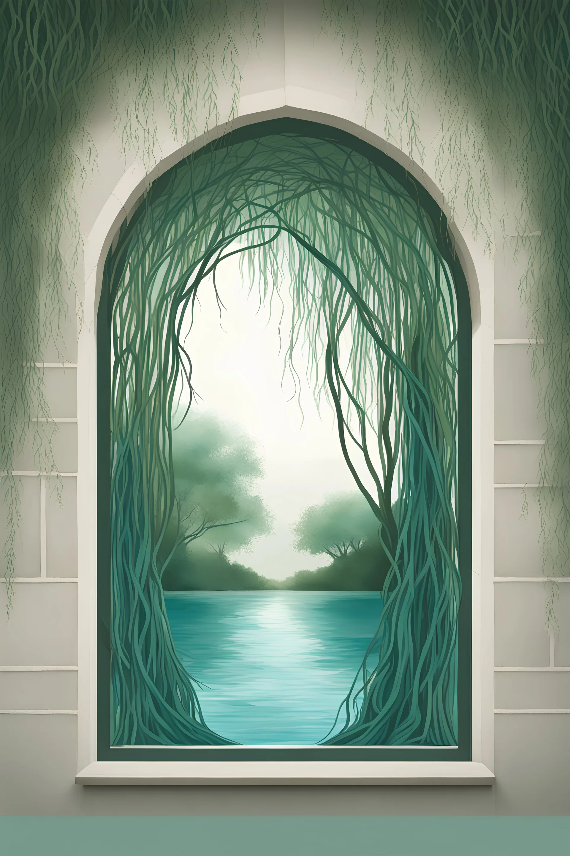 Simple Logo of a pretty willow tree with long deep green flowing hanging branches outside a window. The window is square with a grid and arch on top, emphasize the window and arch, serene tranquil background with a body of teal water and trees in the distance.