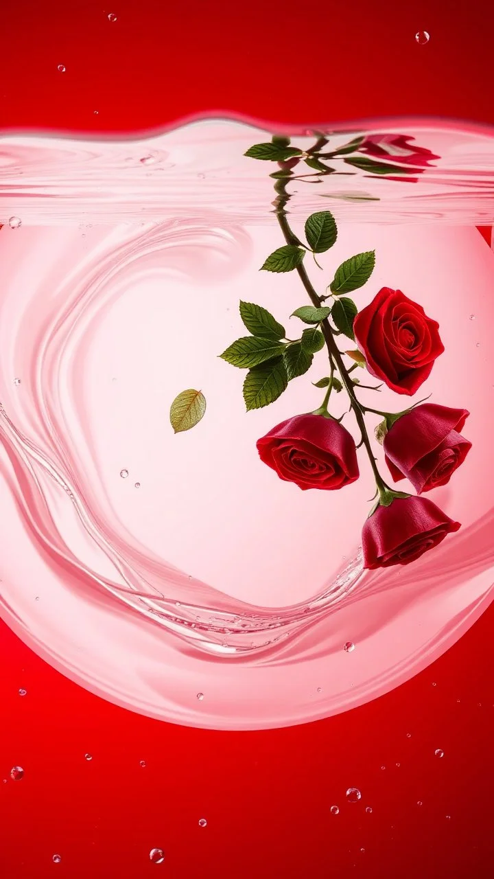 The image is a digital artwork that depicts a branch of red roses tangling in to a water in vase with aThe rose floats on the surfaces of the water, creating a wave-like effect. The background is red which makes a branch of a tree of red roses stand out even more. Water droplets are scattered adding to the dreamy, ethereal quality of the image. The a