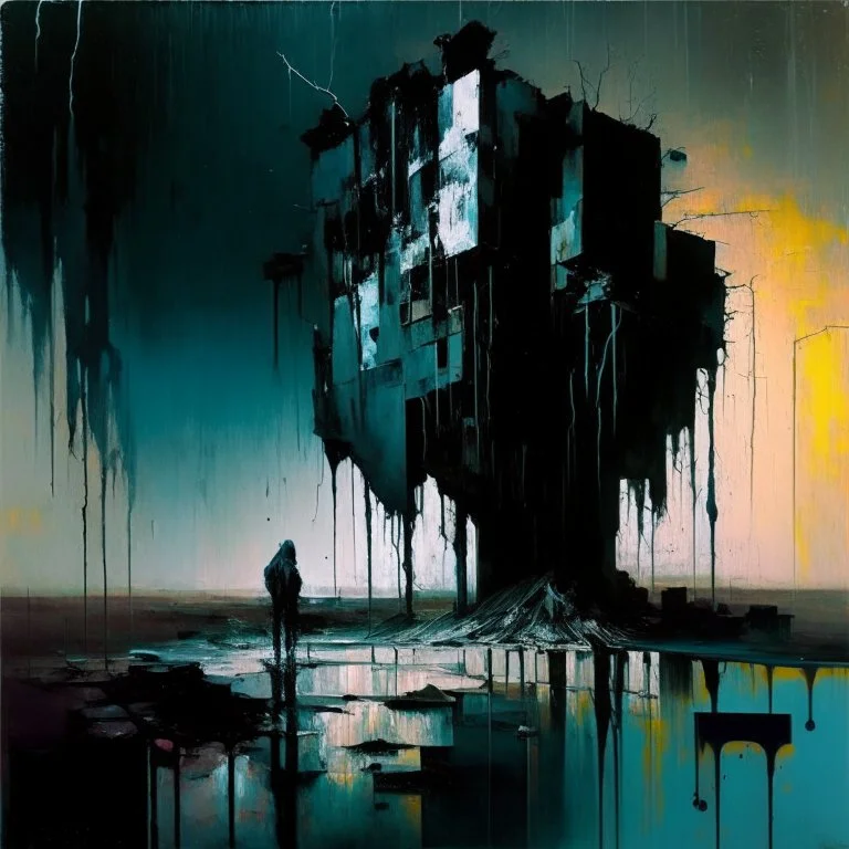 Dystopian future In desolate landscape at night. Twisted bodies. With a brutalist architecture concrete decaying blocks falling. Minmal Abstract oil painting in style of Justin Mortimer. Smudges and dripping paint.