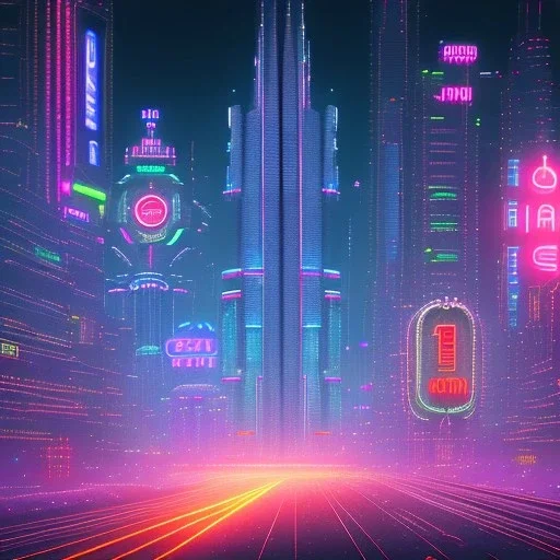 a cityscape of a distant future, with sprawling skyscrapers and neon signs illuminated against a dark sky, cyberpunk, full body, realistic, intricately detailed, neon lighting, vivid colors, neon, futuristic, 64k, cosmic atmosphere