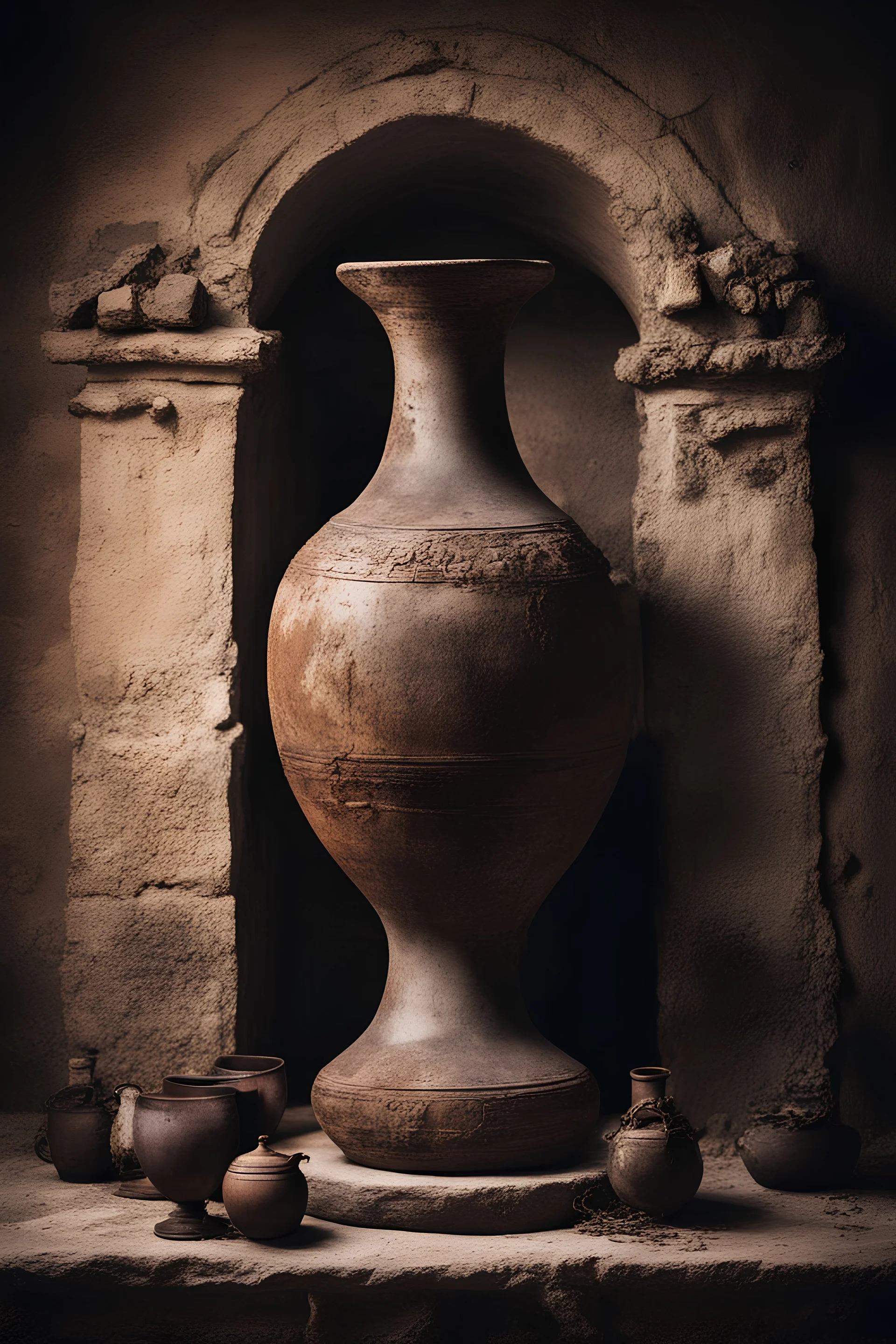 ânfora corrompida de vinho em um altar antigo, arte sombria