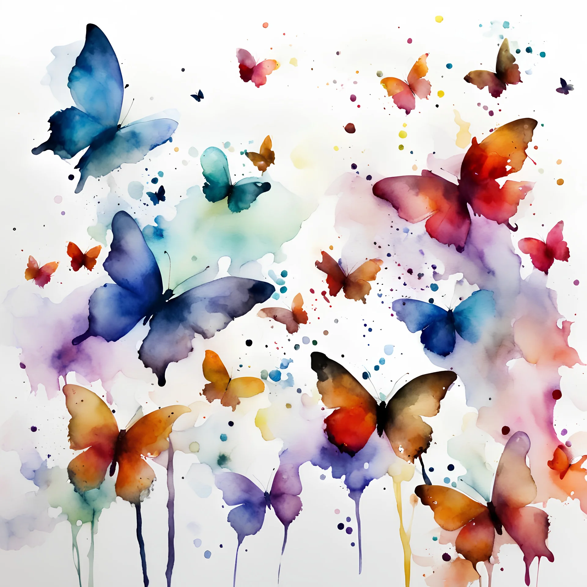 watercolor and alcohol ink, scattered butterflies, white background, minimal