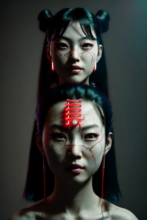 Studio photo portrait, Asian woman samurai, cyberpunk,japanese traditional ornaments, red, white, black, led wires, glow eyes, cinematic, Ultra realistic, wide angle view, soft color, highly detailed, unreal engine 5, RTX, ultra detail, 3d, finely drawn, high definition.