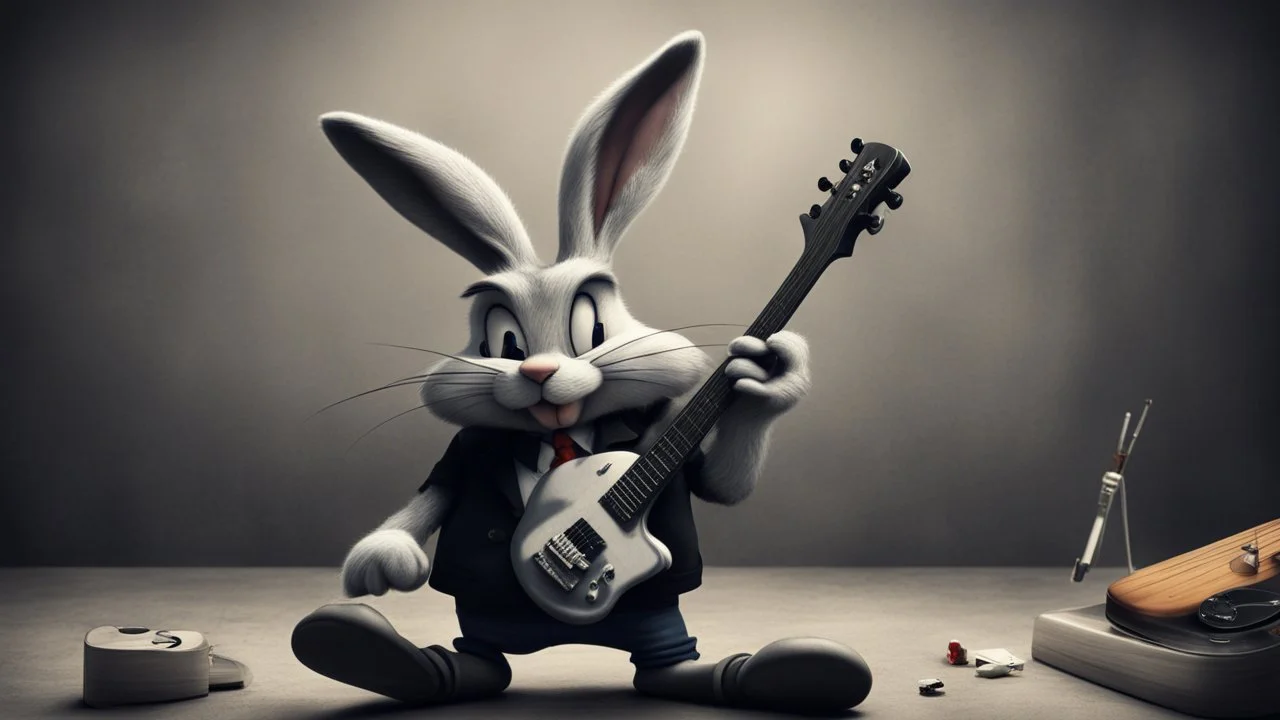 photorealistic deppressed dark melancholic sad Bugs bunny deppressed doing music rock and roll dark heavy metal on a scene alcoholic, ciggaretes ciggaretes ciggaretes sad sad sad sad sad ciggarets