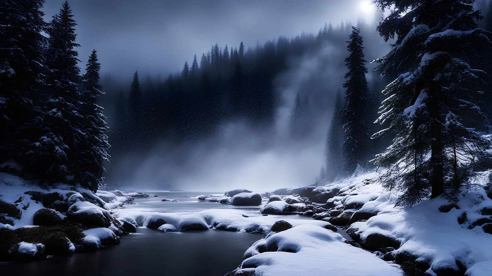 ray of light,fir forrest scenery, heavy mist,mist shadows,valley,creek,forest,,tree,,nature,night,snow,fir tree,night,waterfall