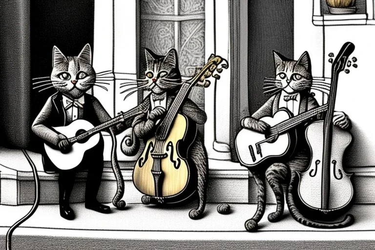 Group of three mature cats musicians, one cat playing guitar, one cat playing drums, one cat holding microphone and singing, singing, street, Vienna, smiling, sunny day, model style, hyper realistic, extremely accurate, delicate, extremely detailed, Graphic novel style, wide-angle, open aperture, superfine pencil