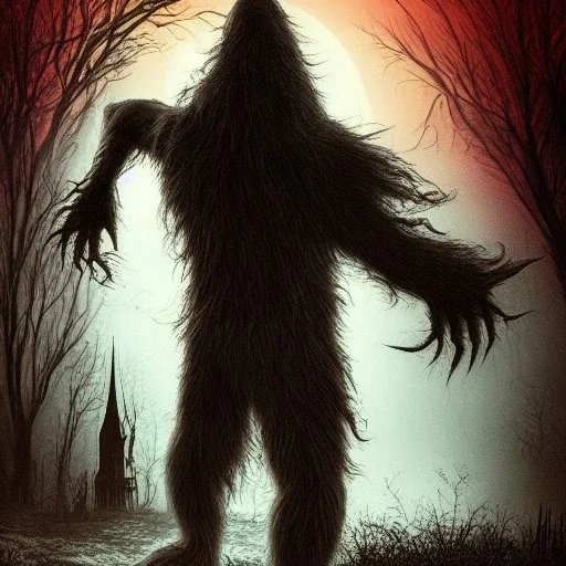 hyper realistic haunting bigfoot beast under the Bloodborne moonlight