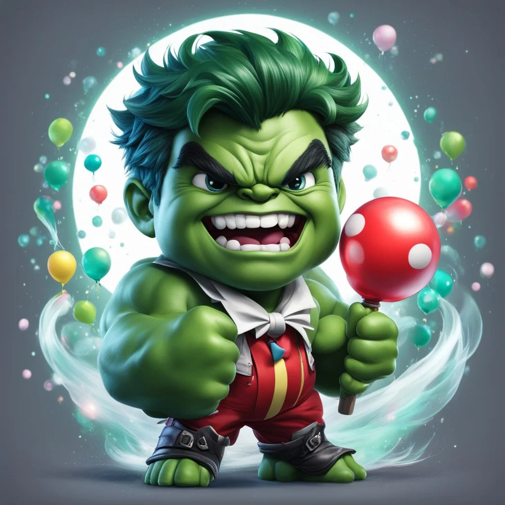 chibi cute caricature of Hulk as a 2010's clown, surrounded by will-o'-the-wisp, elegant, close wiew, dynamic pose, photorealistic rendering --ar 2:3 --stylize 500 --v 6