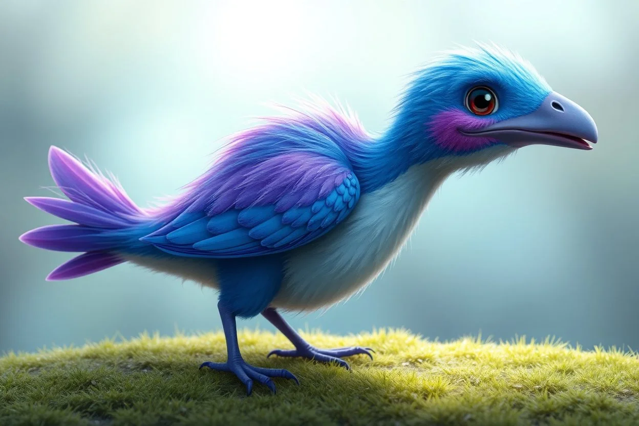 adorable blue and purple bird, elongated like a dino and fluffy like in an dreamlike animation, with a mole face