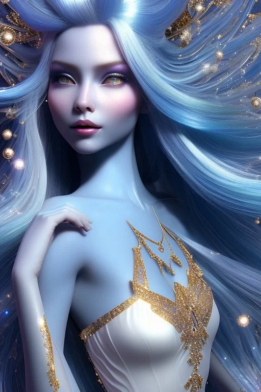 woman glitter blue fairy in a galactic ambiance, long blue hair, detailed gorgeous smile, delicate colors in the foreground, full of details, smooth, light effect，vaporwave colorful, smooth, extremely sharp detail, finely tuned detail, ultra high definition, 8 k, unreal engine 5, ultra sharpBeautyful smiling young woman, long hair amazing blue eyes, flowers, happy cosmic, bright colors, blue, pink, gold, jewels, realistic, photo real, clear sunny background, highly detailed, high contrast, 8k 