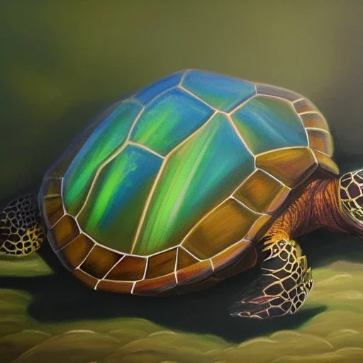 Oil painting style turtle and aurora