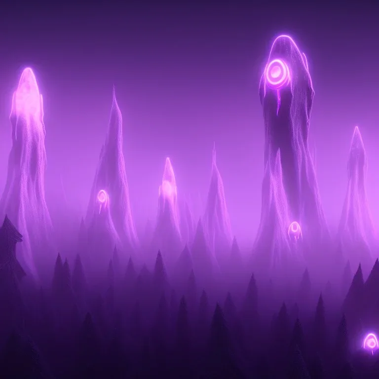 ALIENS FLOATING in the fog, FOGGY NIGHT, mountains, GLOWING, PURPLE, TOWERS, 4K, 8K, CINEMATIC