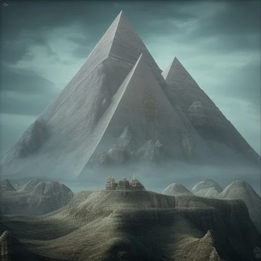 a huge old mountain with wide fields and a pyramid, scary, steam punk, realistic, made in octane, cinematic, ultra-realistic, extremely detailed octane rendering, 8K, VRAY Super Real ar 2:3, dof photorealistic futuristic 50mm lens hard lighting dark gray tintype photograph, realistic lighting, sepia color