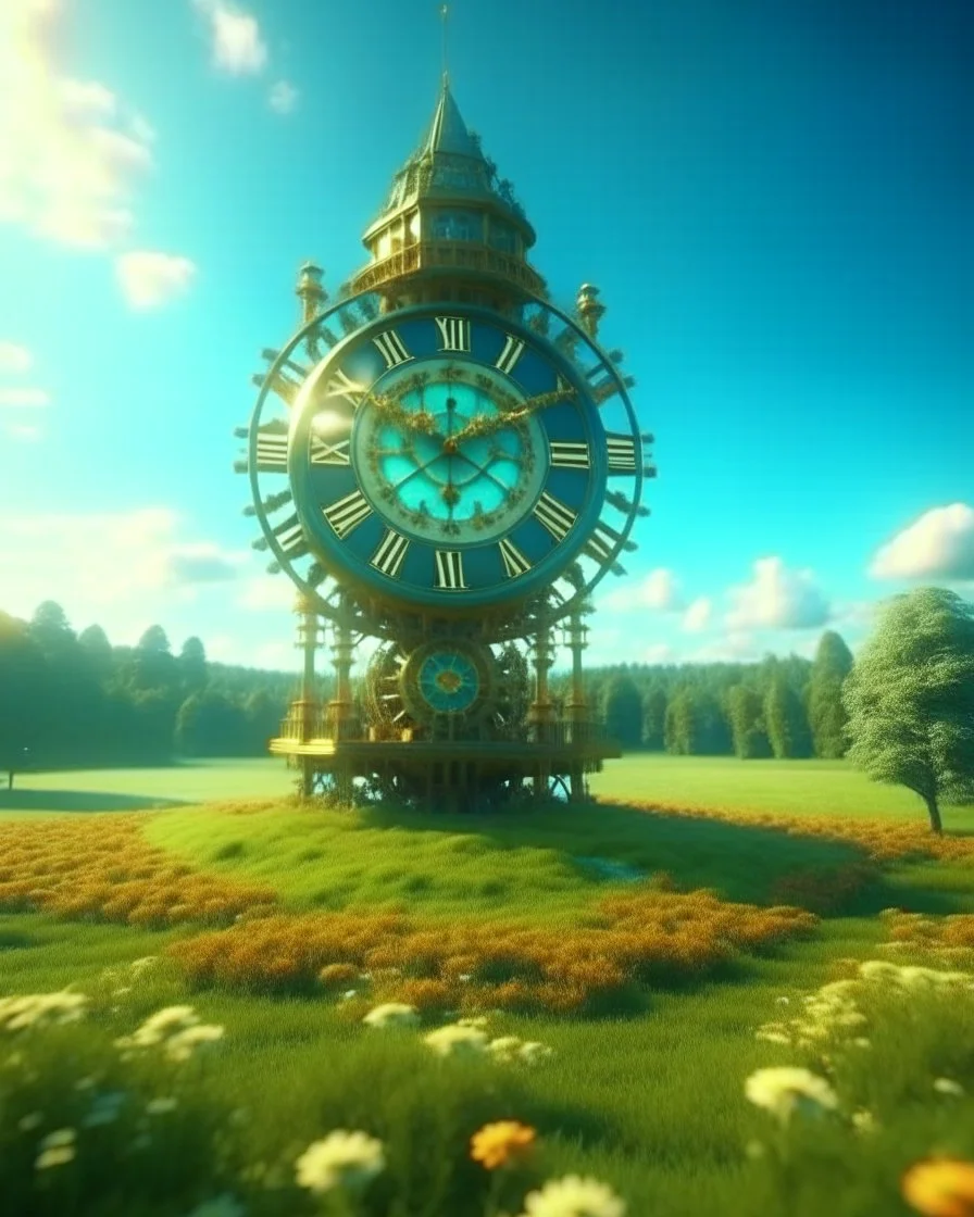 Create a 3d fractal base huge clock on a beautiful tower in a modern town with country houses and green field flowers , with see throgh golden gears rotating , showcasing a harmonious and synchronized movement. fast time passing in a beautiful nature environment