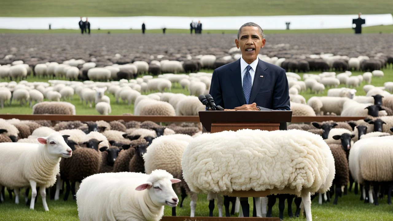 barack obama at podium speaking to large field of sheep