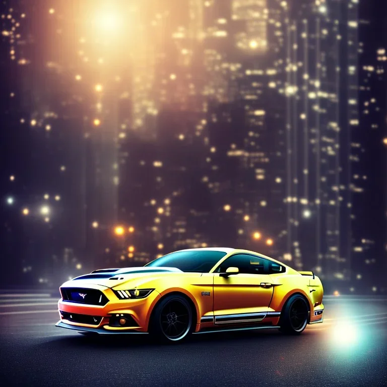 ford mustang, city. high speed. bokeh. lens flare. warm lights. high detailed