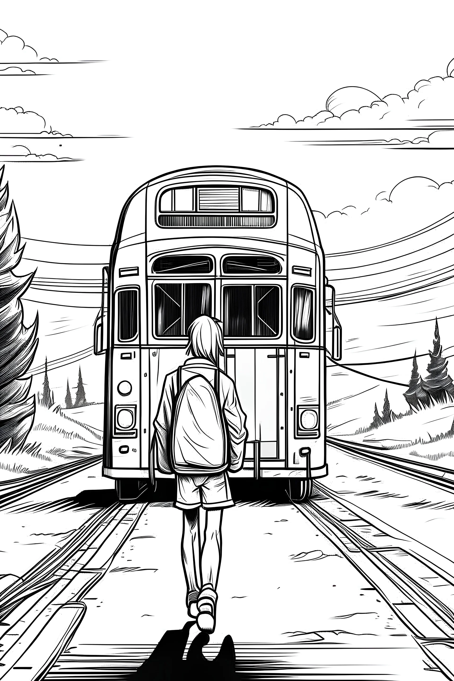 Outline art, no shading, bus full body on the road, cartoon style, black and white, low detail, --ar 9:11