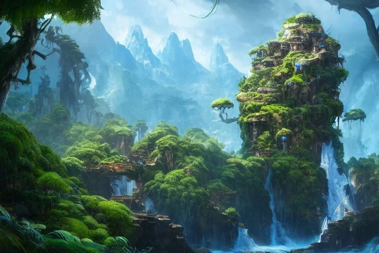 Art by Dylan cole and Eddie mendoza, Avatar concept art, pandora, hovering island with waterfall, magnificent landscape, ultra-wide angle, ultra realistic, digital painting, 8 k uhd, dynamic lighting, beautiful, sharp focus, ultra detailed, concept art, studio quality