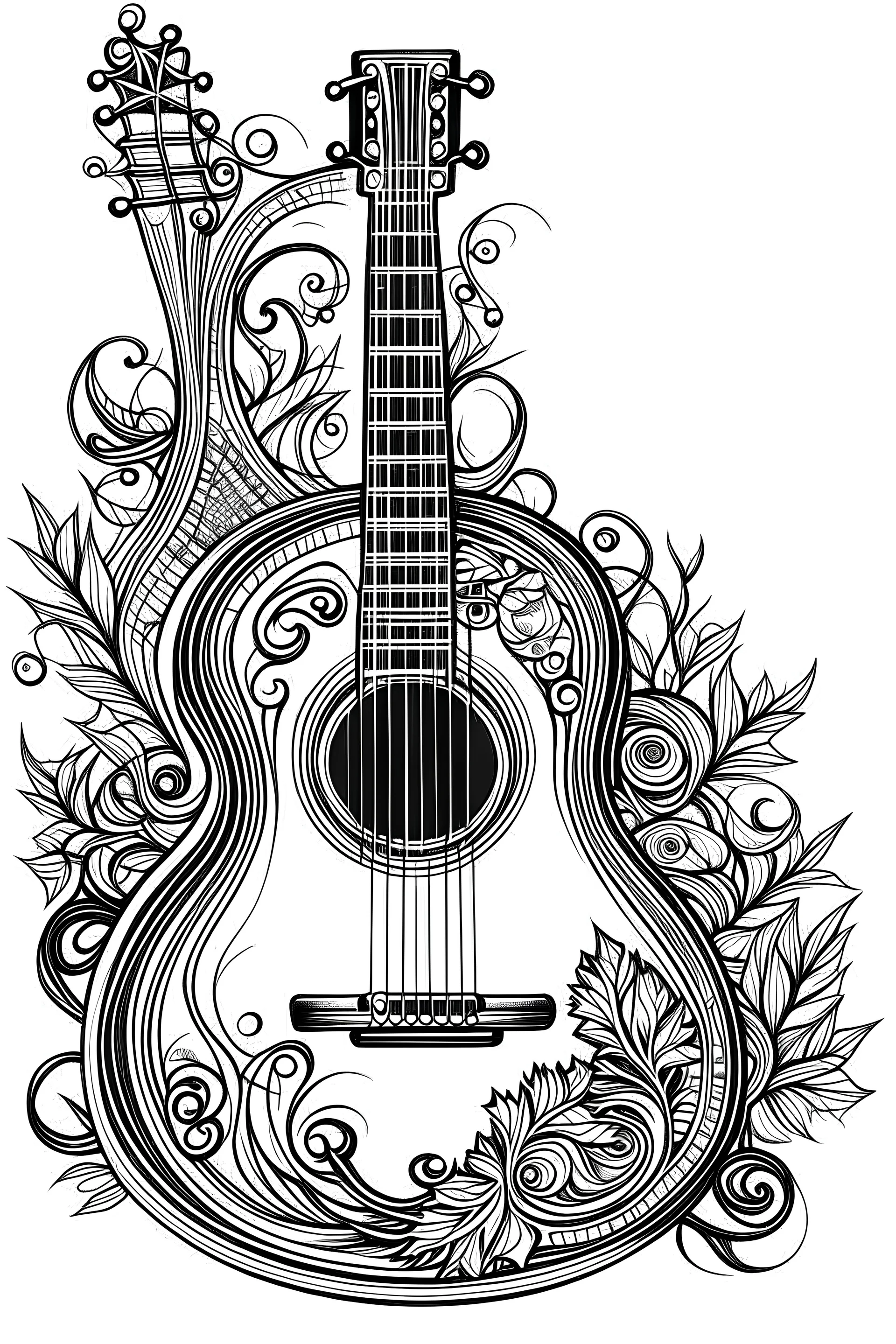 classical guitar, christmas spirit, coloring, in black and white