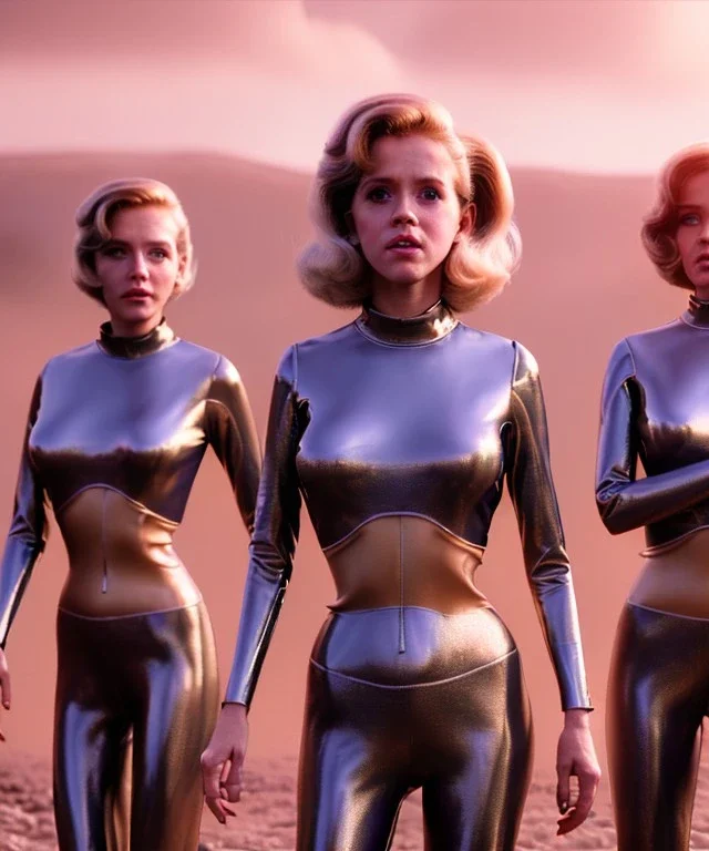 Ultra Realistic retro sci-fi movie scene, 1960 year, waist up view portrait, 3 clones blonde women, sweet young Jane Fonda face, perfect iris, glow eyes, face makeup, tight latex coat. Supermarket with people background, Retro sci-fi style,fog, rain, soft color, highly detailed, unreal engine 5, ray tracing, RTX, lumen lighting, ultra detail, volumetric lighting, 3d, finely drawn, high definition, high resolution.