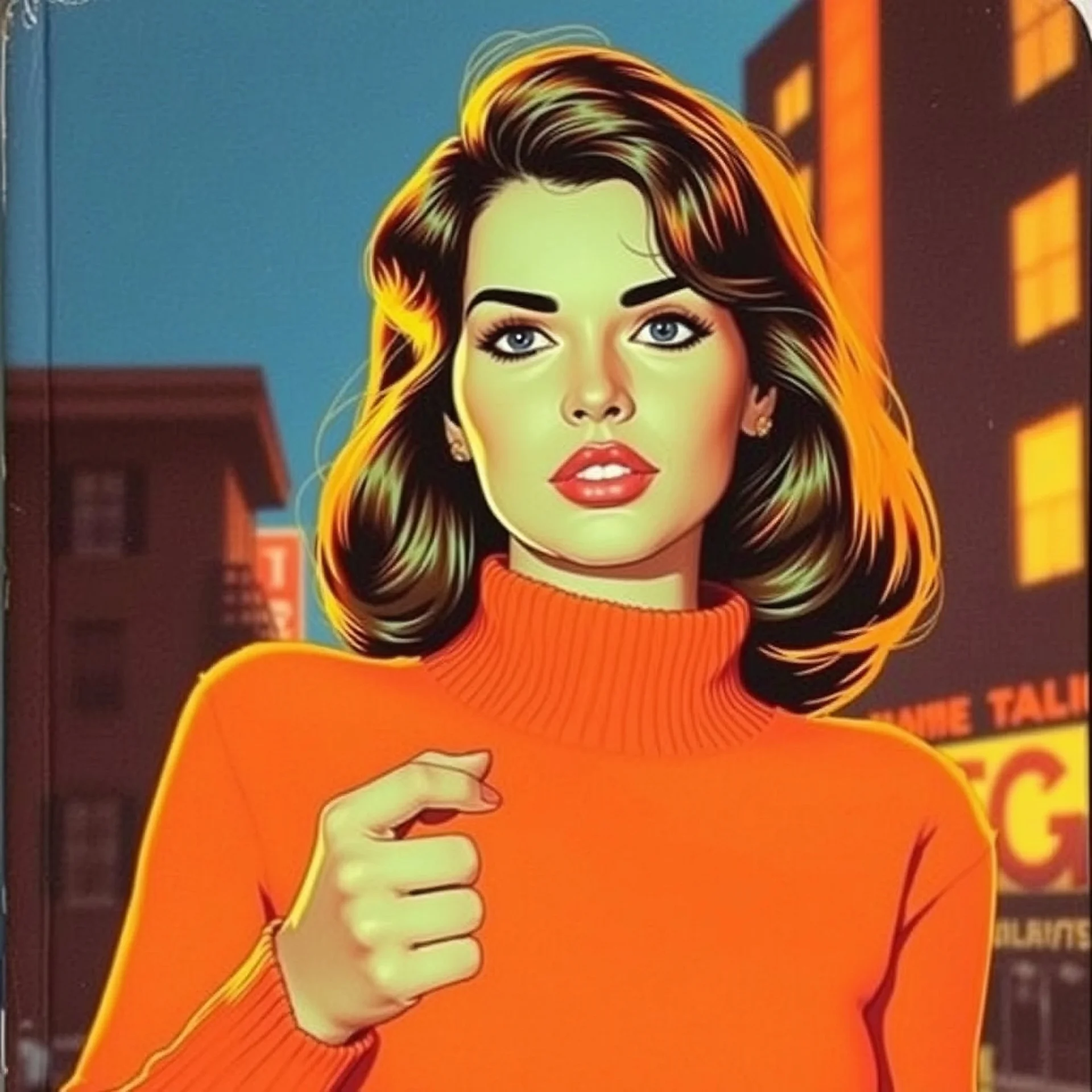 Pulp fiction cover book, à woman in an orange pull over