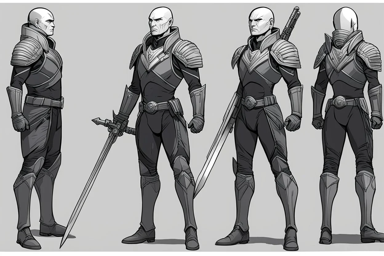 (Star Trek Lore) a Kazon aggressive warrior with his traditional equipment ## Layout & Perspectives Arrange strictly from left to right in the order of “front, side (either left or right), back” horizontally. The character's height, head-to-body ratio, shoulder width, and other skeletal proportions must be perfectly aligned horizontally across all three views, with strictly consistent sizing. ## Character Consistency Across all perspectives, the character's face shape, facial features, ha