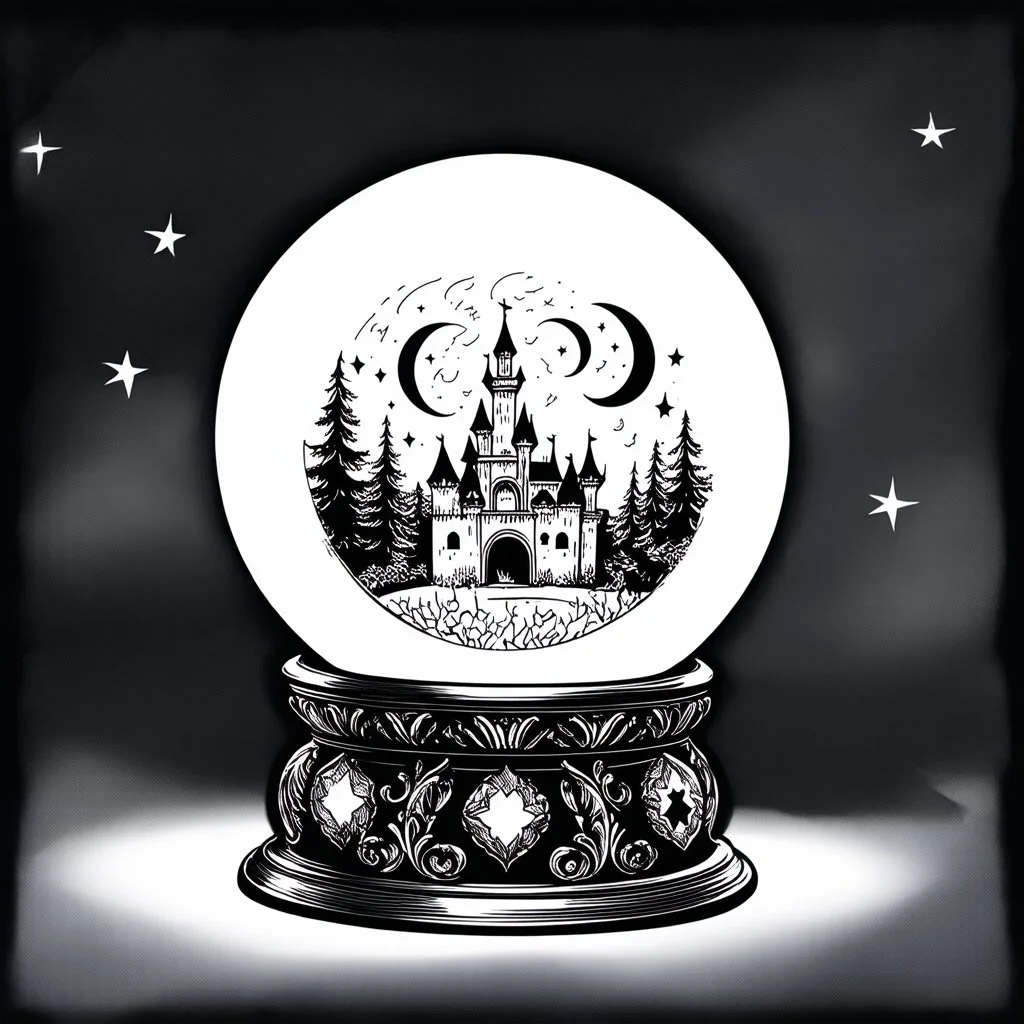 Make black and white cute drawing of a Crystal Ball with black bold lines. Only outline, no grayscale. A glowing crystal ball sitting on an ornate stand decorated with crescent moons and stars. Inside the ball, show a swirling magical scene like a forest, castle, or mysterious symbols.