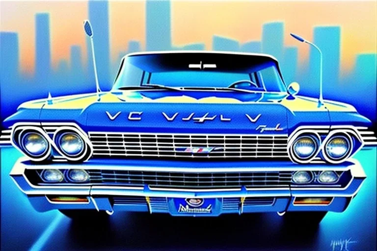 a true-to-life 1963 Chevrolet Impala, centered, intricate, extreme detailed, photorealism, center view, city background, pivot on chevrolet, pen and color marker painting by cheryl kelley