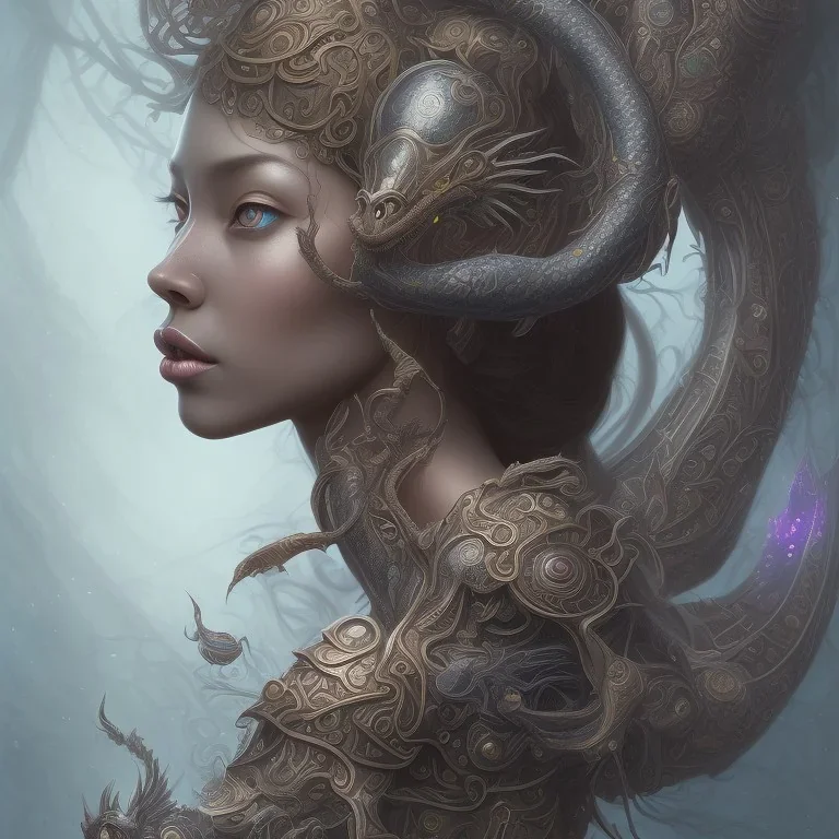 sango fantasy, fantasy magic, intricate, sharp focus, illustration, highly detailed, digital painting, concept art, matte, artgerm and paul lewin and kehinde wiley, masterpiece sexy lips Asian afro lips black African lady body mermaid Dragon head silver bright rain lady outer space mermaid pretty skull head