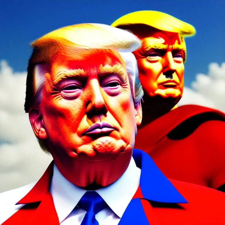 Realistic image of Donald trump super hero, retro style, watchmen style, red and blue colors, white stars, suspenders, latex material, 80s, vibrant color, highly detailed, sky background, concept art, unreal engine 5, god rays, ray tracing, RTX, lumen lighting, ultra detail, volumetric lighting, 3d, finely drawn, high definition, high resolution.