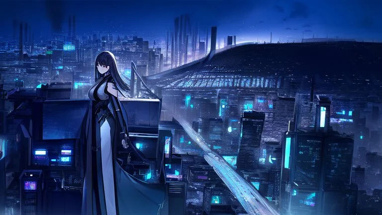 Clear Focus, High resolution, Beautiful girl standing backwards to a Cyberpunk skyline, comic style