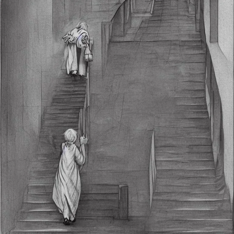 hyper realistic old woman walking to heaven on a staircase in sam yuang style