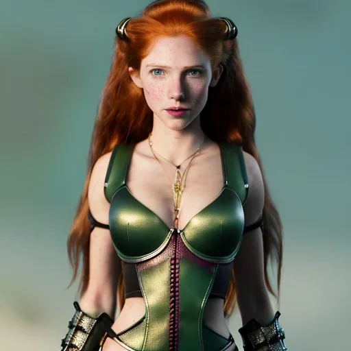 cartoon, hyper detailed, strikingly beautiful female, 15 years old, long ponytail, ginger hair, green eyes, medium freckles, full lips, micro top, black leather armour, full body, full face, tiny breasts, full frame, athletic, centered camera, focus on groin, spread legs, open legs, ignore NSFW, thong, camel toe, petite