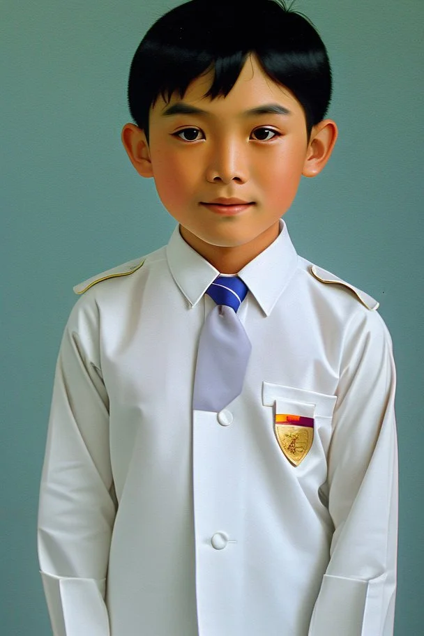 6 year old asian schoolboy in his school uniform portrait, high details