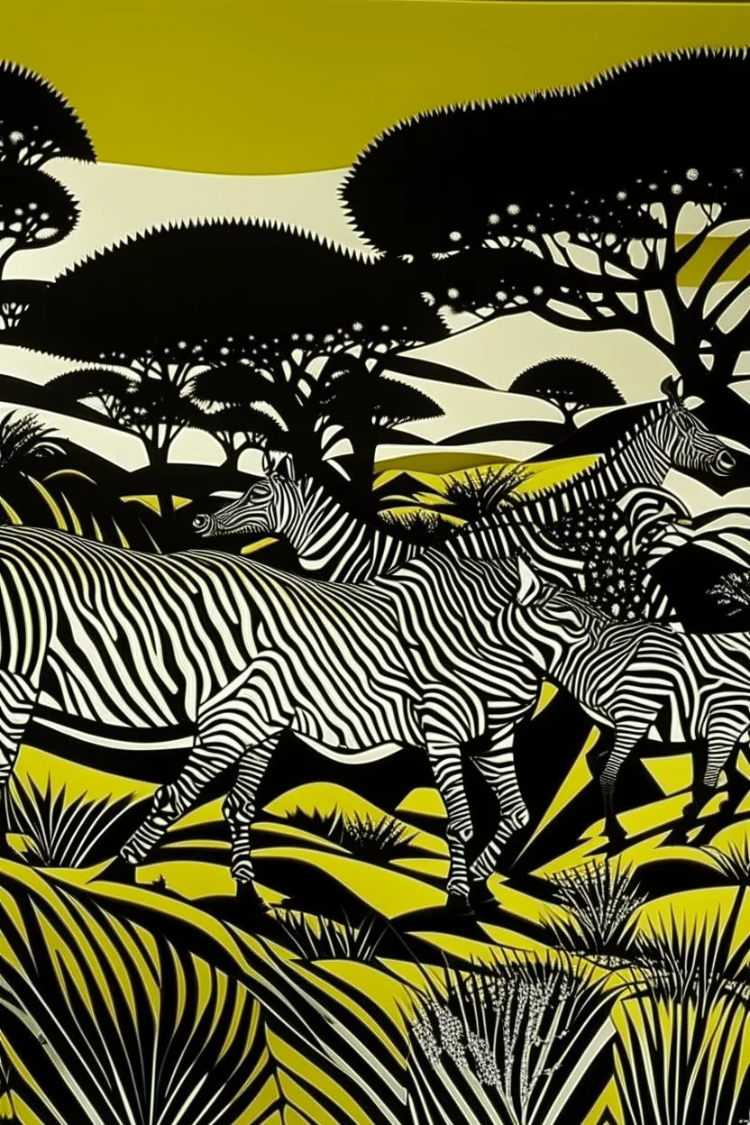 A dark gray yellowish brown rocky grassland savanna with zebras painted by Roy Lichtenstein