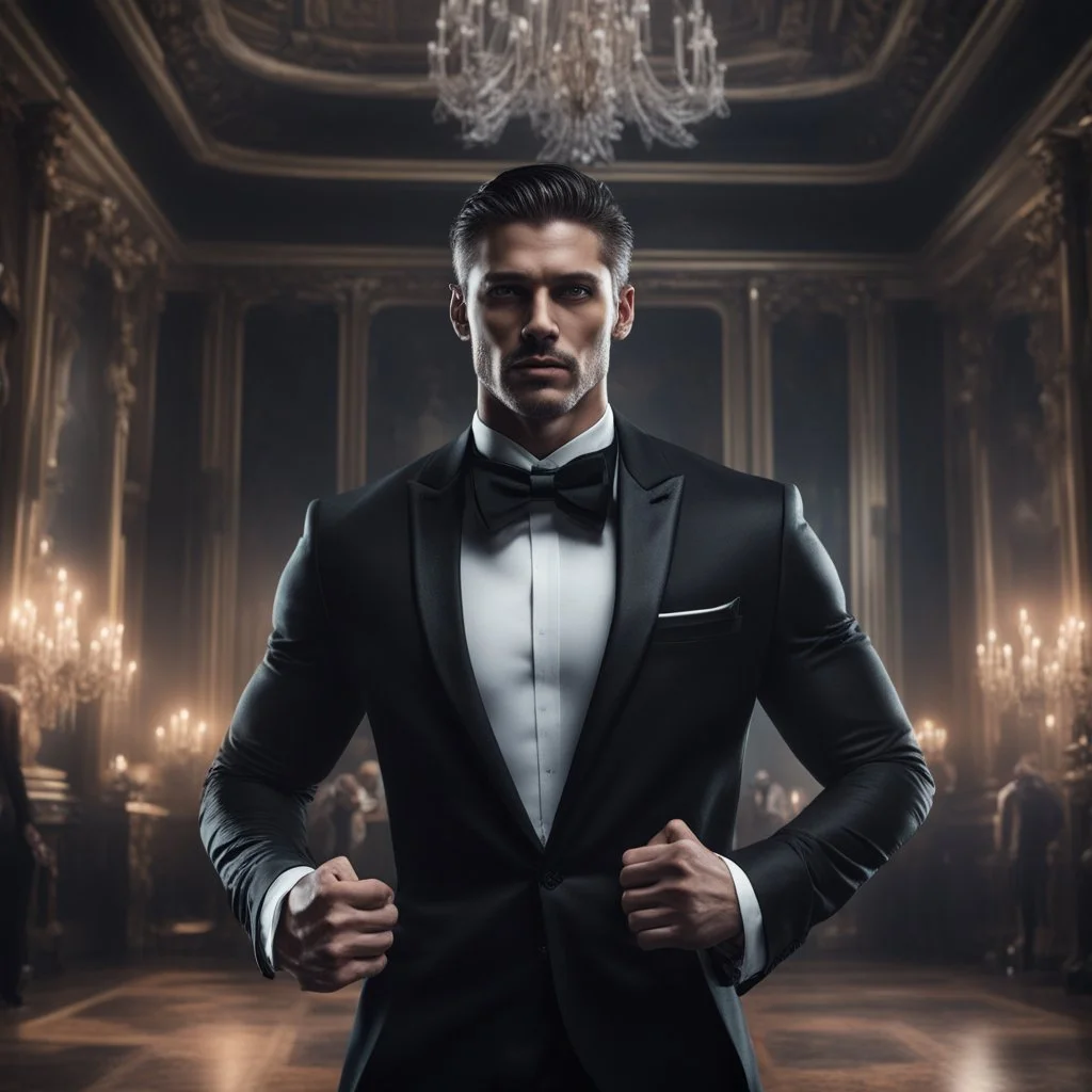 Hyper Realistic close-up-view-of-handsome-muscular-man-in-black-tuxedo dancing with a female-ghost inside a super-dark-fancy-hall-of-a-mansion with creepy flying-ghosts behind showing dramatic & cinematic ambiance